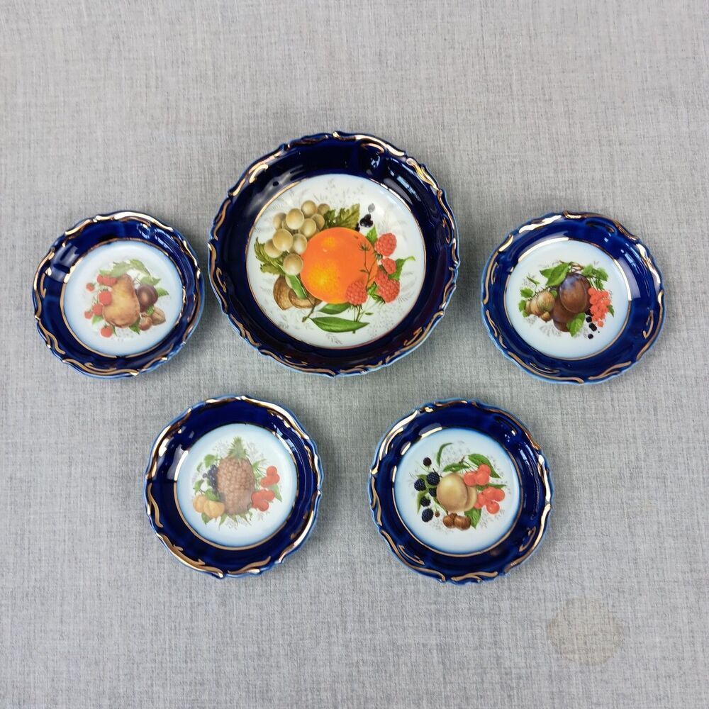 Ceroc Cluj-Napoca Romania Porcelain Cobalt with Fruit Gold Edges Snack Dish Set